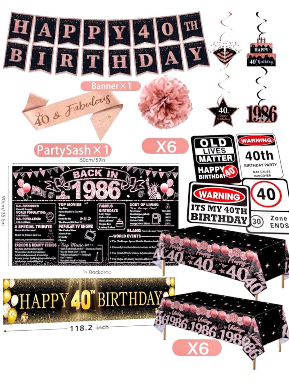 Happy 40th Birthday 1986 Rose Gold Pink Party Decorations Banner Lot Bundle NEW